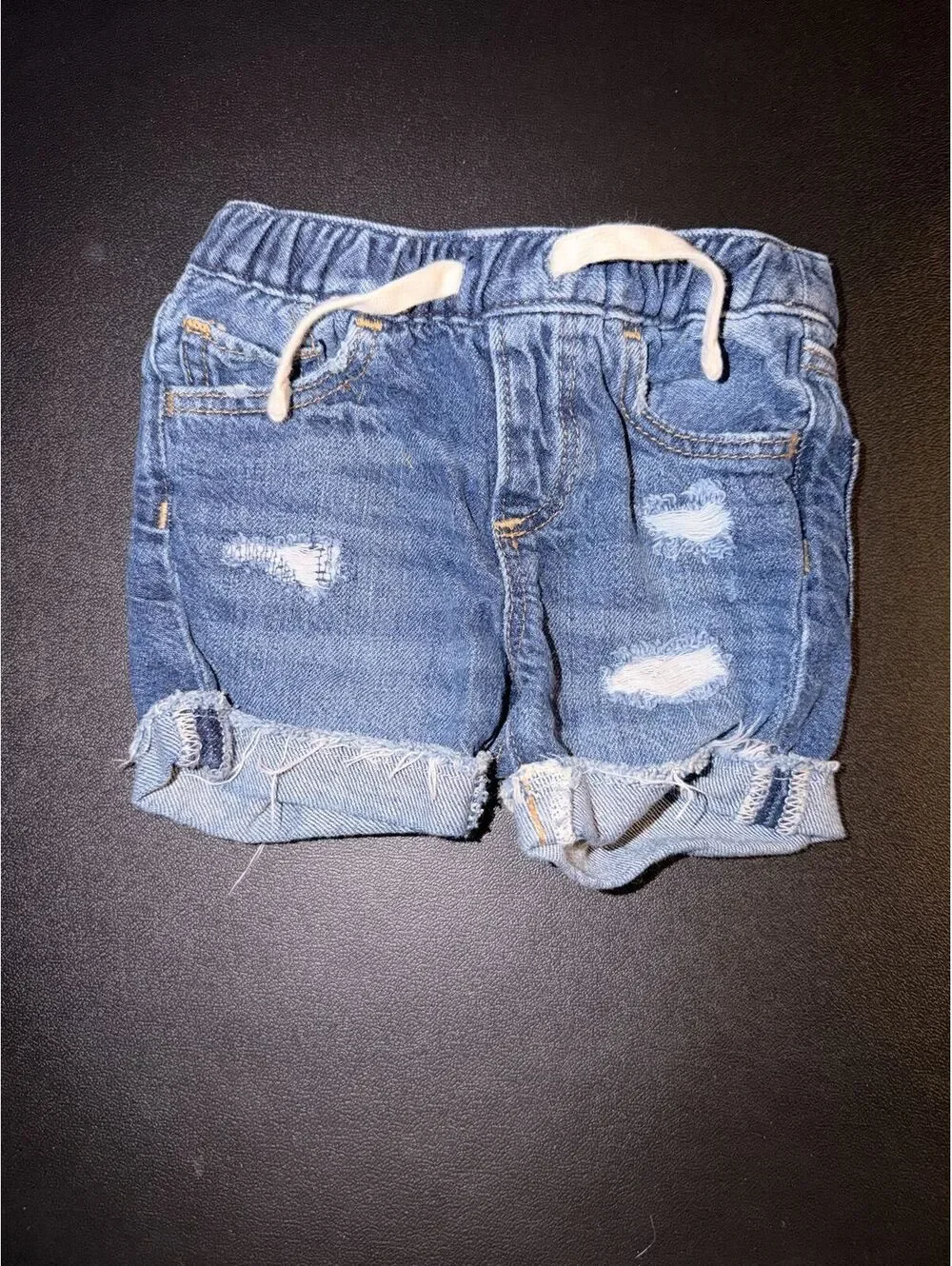 GAP Kid's Blue Distressed Denim Shorts with Elastic Waistband and Drawcord 6-12m